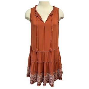 Max Studio Embroidered Tiered Tank Dress Womens XS Orange Mini Boho Festival